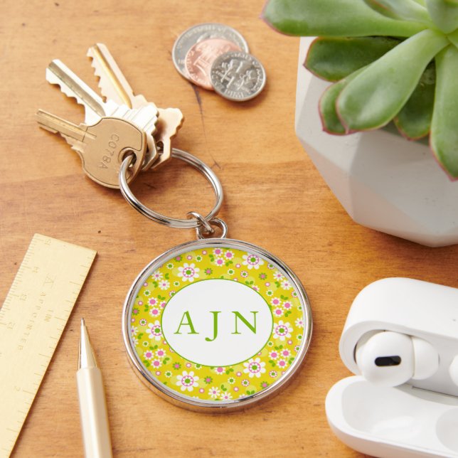 Retro-Mod-Blume Gelb-Weiß-Monogramm Schlüsselanhänger (Schreibtisch)
