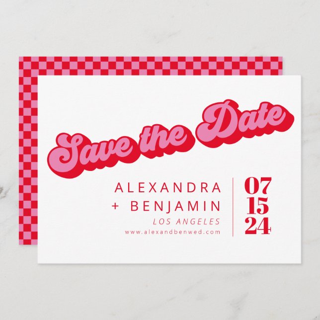 Retro Mod Groové Bold Rosa Red Checkerboard Save The Date (Vorne/Hinten)