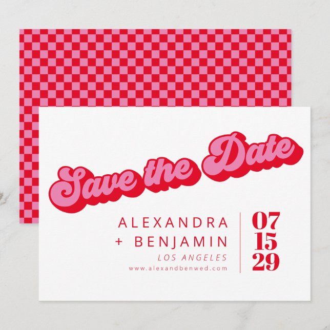 Retro-Mod Groovy-Bold Pink-Rot Karo Save The Date (Vorne/Hinten)