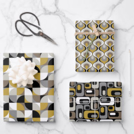 Retro-Mod-Muster Senf-Beige-Taupe-Grau Geschenkpapier Set