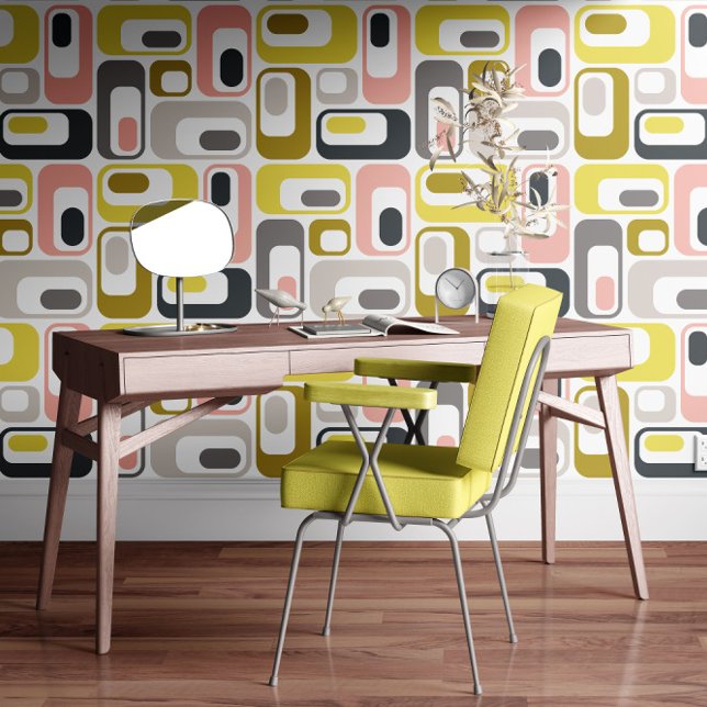Retro Mod Ovals Mustard Yellow Pink Grey Beige Tapete (Von Creator hochgeladen)