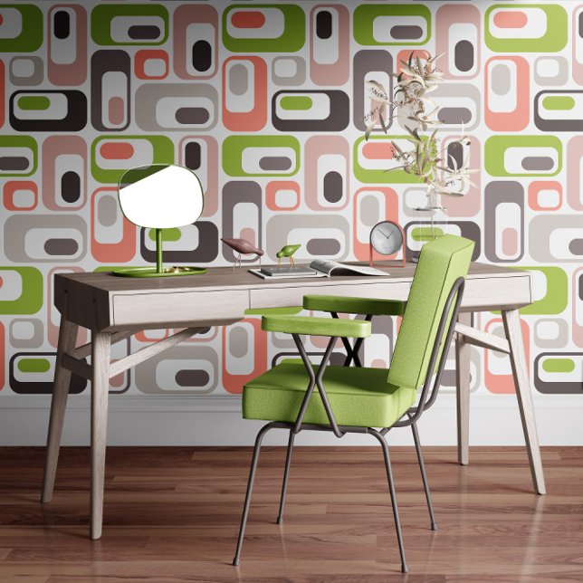 Retro Mod Ovals Salmon Blush Pink Rose Taupe Green Tapete (Von Creator hochgeladen)