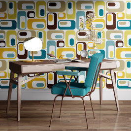 Retro Mod Ovals Teal Blue Brown Mustard Yellow Tapete