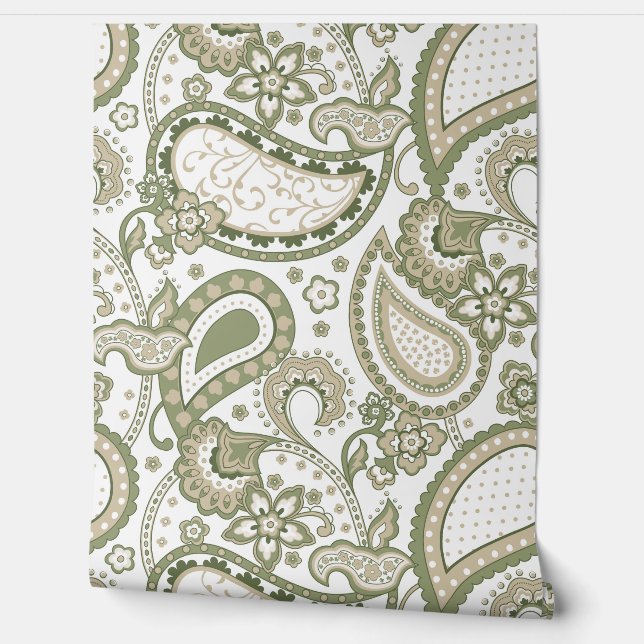 Retro Mod Paisley Olive Sage Green Beige Tapete (Abrollen)