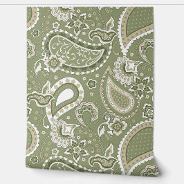 Retro Mod Paisley Olive Sage Green Beige Tapete