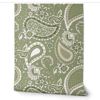 Retro-Mod-Paisley Olive-Sage-Grün-Beige Tapete