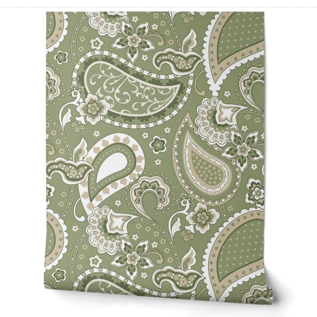 Retro-Mod-Paisley Olive-Sage-Grün-Beige Tapete (Abrollen)