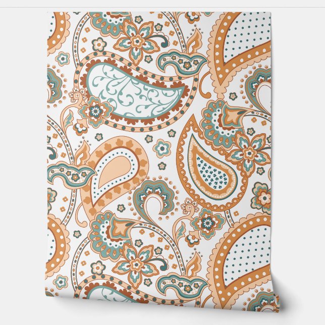 Retro Mod Paisley Teal Sage Peach Rust Orange  Tapete (Abrollen)