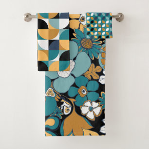 Retro Mod Patterns Aqua Aquamarin Senf Schwarz-wei Badhandtuch Set