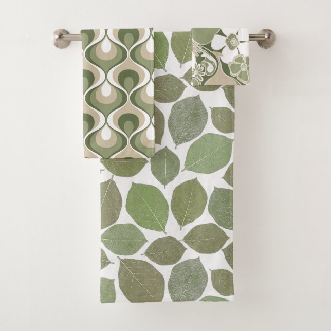 Retro Mod Patterns Sage Olive Green Beige Badhandtuch Set (Insitu)