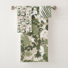 Retro-Mod-Patterns Salbei Olivgrün Beige Badhandtuch Set