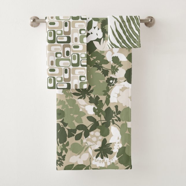Retro-Mod-Patterns Salbei Olivgrün Beige  Badhandtuch Set (Insitu)