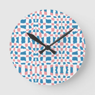 Retro Mod Pink Blue Checkerboard Abstract Runde Wanduhr