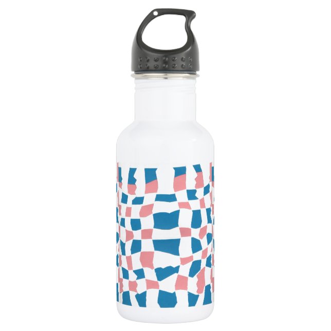 Retro Mod Pink Blue Checkerboard Abstrakt Edelstahlflasche (Vorderseite)