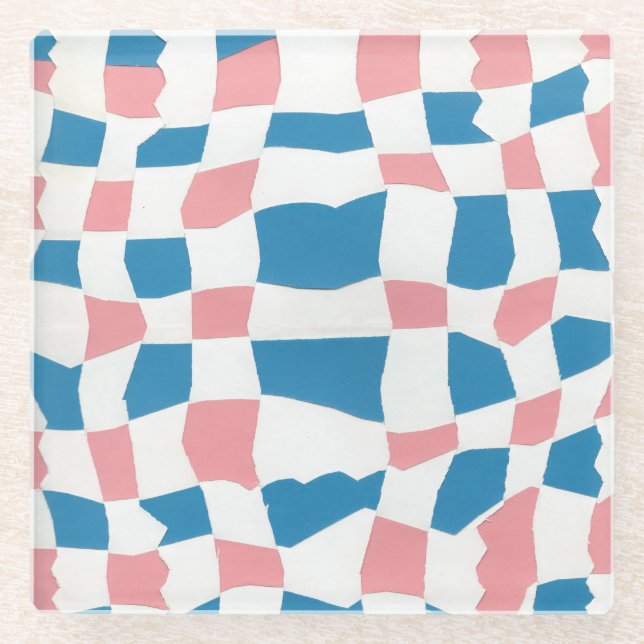 Retro Mod Pink Blue Checkerboard Abstrakt Glasuntersetzer (Vorderseite)