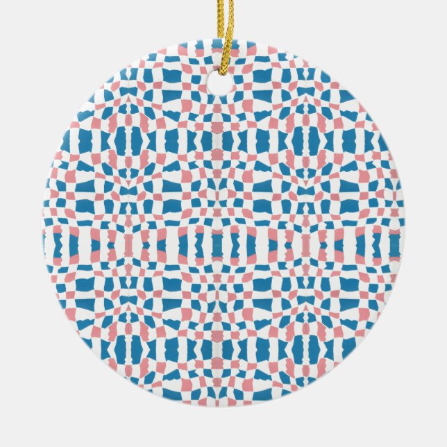 Retro Mod Pink Blue Checkerboard Abstrakt Keramik Ornament (Vorne)