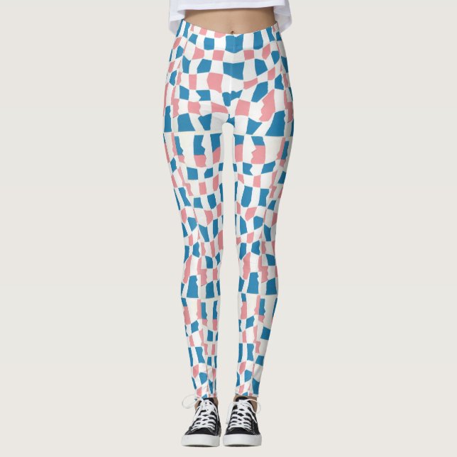 Retro Mod Pink Blue Checkerboard Abstrakt Leggings (Vorderseite)