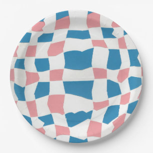 Retro Mod Pink Blue Checkerboard Abstrakt Pappteller