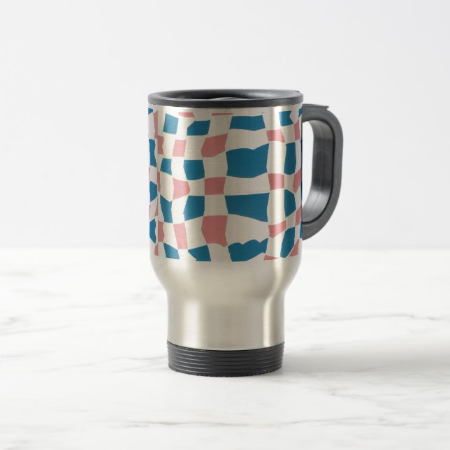 Retro Mod Pink Blue Checkerboard Abstrakt Reisebecher (VorderseiteRechts)