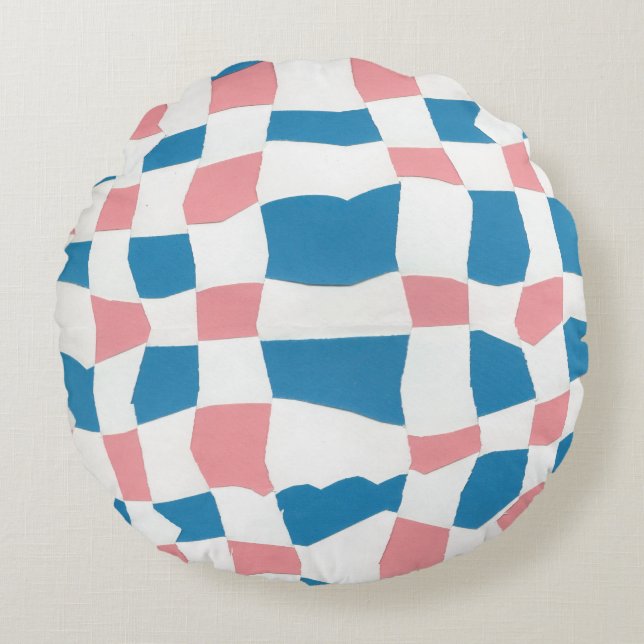 Retro Mod Pink Blue Checkerboard Abstrakt Rundes Kissen (Vorderseite)