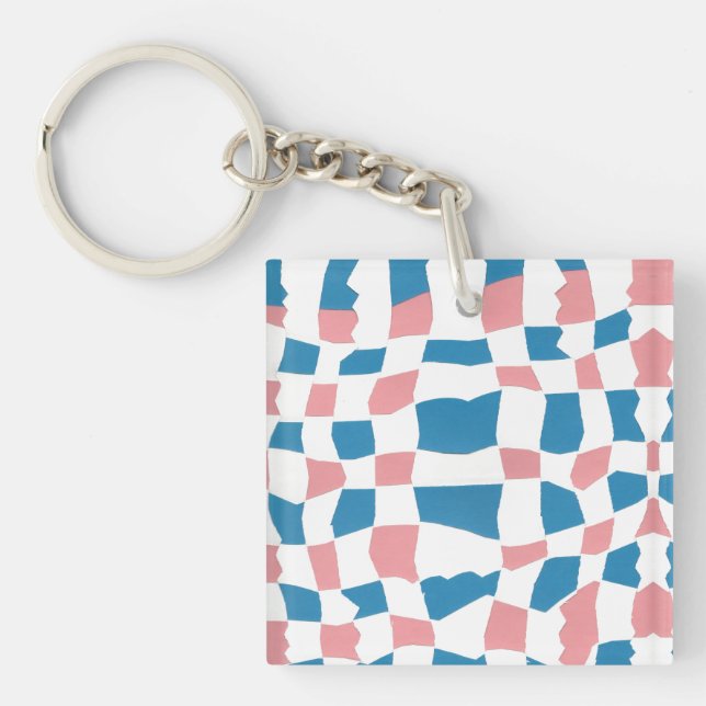 Retro Mod Pink Blue Checkerboard Abstrakt Schlüsselanhänger (Vorderseite)