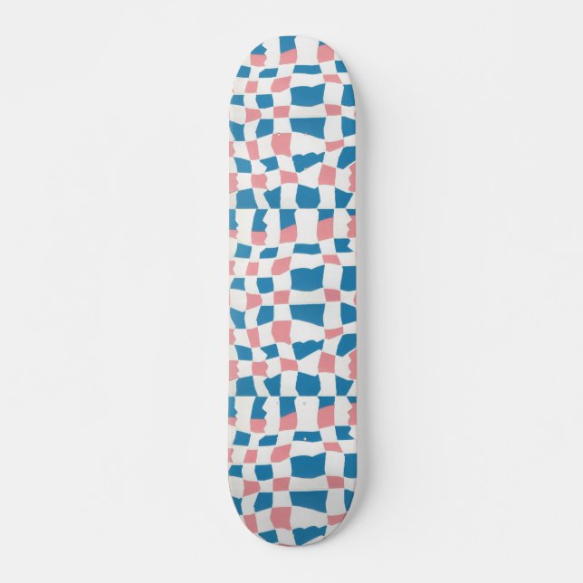 Retro Mod Pink Blue Checkerboard Abstrakt Skateboard (Vorne)