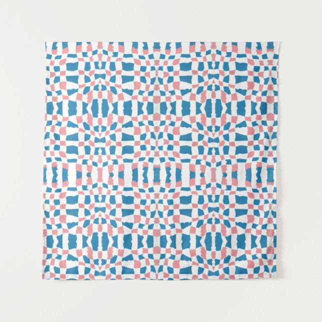 Retro Mod Pink Blue Checkerboard Abstrakt Wandteppich (Vorderseite)