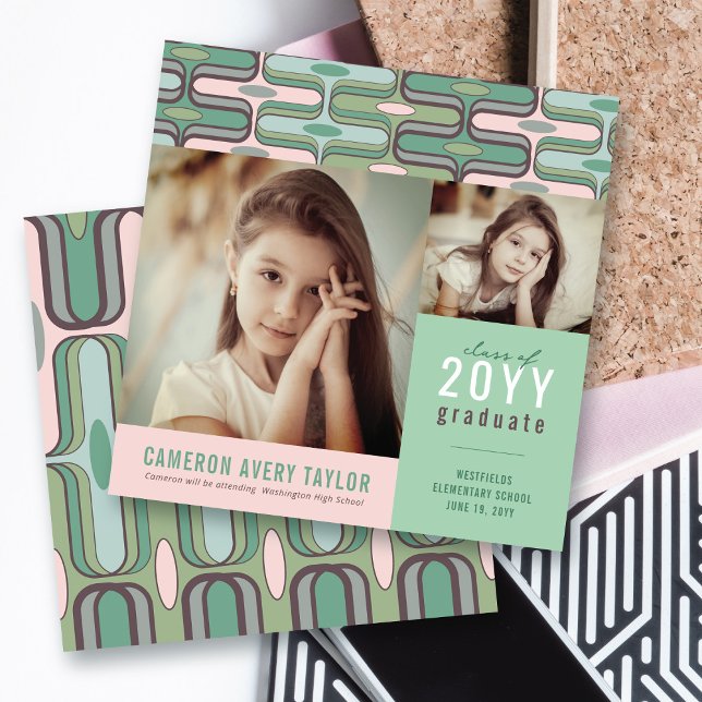 Retro Mod Pink & Mint Ogee 2 Foto Abschluss Einladung (Retro Mod Pink & Mint Green Ogee Zig Zag, 2 Photo Graduation Invitation @ zazzle.com/color_therapy)