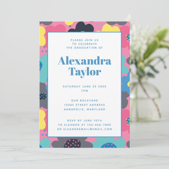 Retro Mod Pop Blume Graduierungspartei Einladung (Stehend Vorderseite)