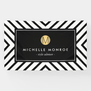Retro Mod Schwarz und Weiß Muster Gold Monogramm Banner