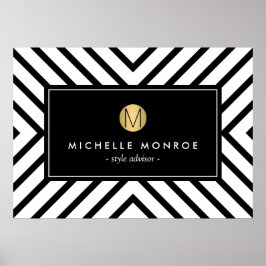 Retro Mod Schwarz und Weiß Muster Gold Monogramm Poster