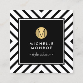 Retro Mod Schwarz/Weiß Muster Gold Circle Monogram Quadratische Visitenkarte