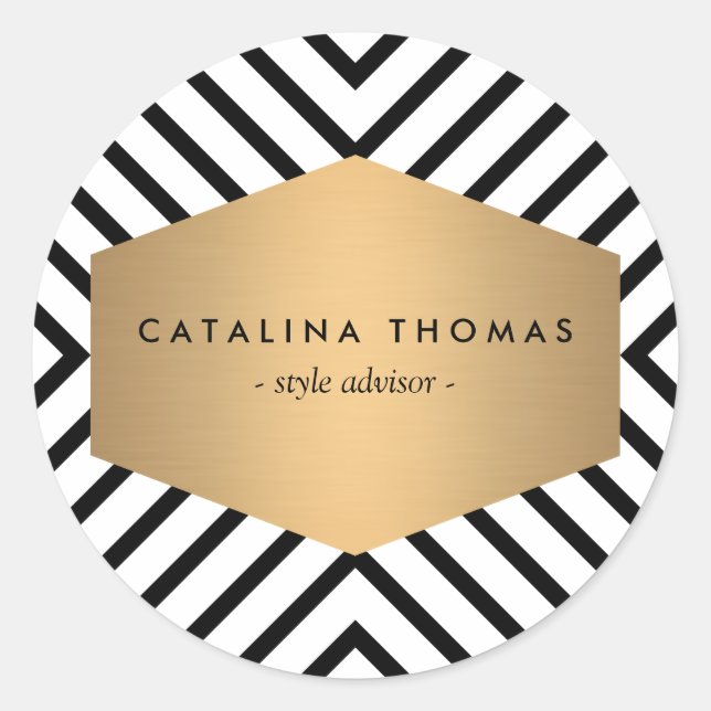 Retro Mod Schwarz-Weiß-Muster mit GoldEmblem Runder Aufkleber (Vorderseite)