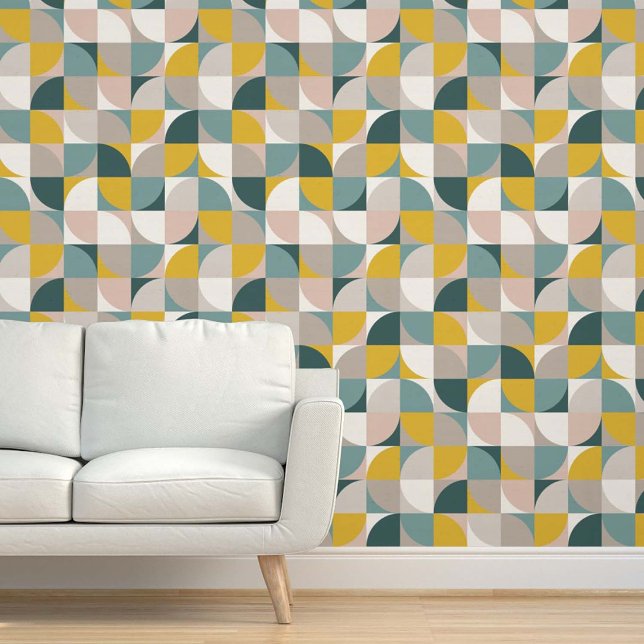 Retro Mod Square Aqua Teal Blue Blush Pink Yellow  Tapete (Von Creator hochgeladen)