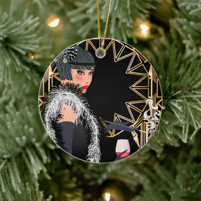 Retro Modefrau mit Glas Wein Keramik Ornament (Baum)