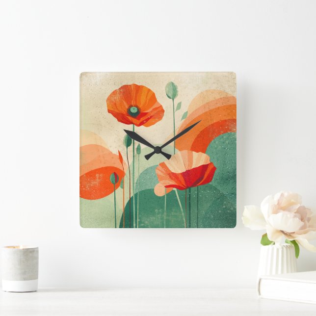 Retro Modern Abstract Poppy Floral Art Quadratische Wanduhr (Zuhause)
