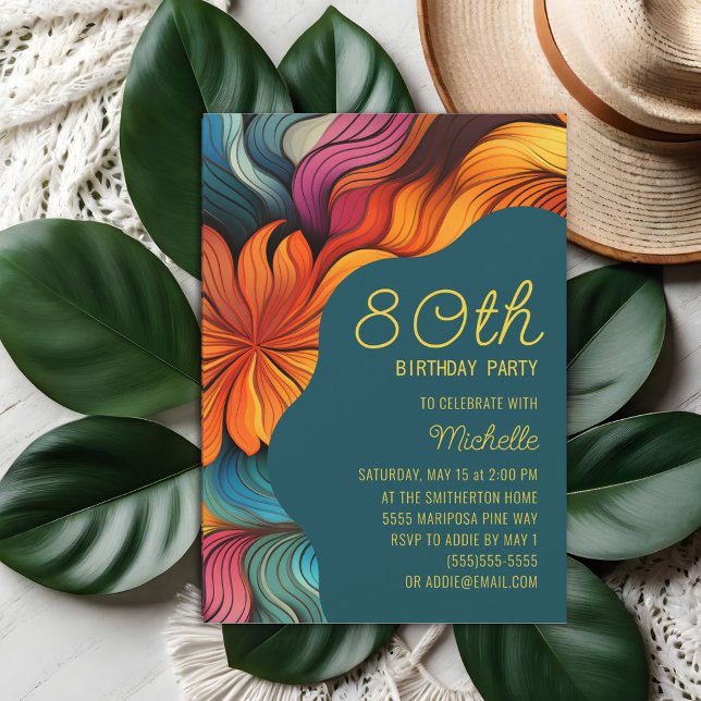 Retro Modern Aquamarin Orange Psychedelic 80. Gebu Einladung (Orange and teal retro-style 80th birthday party invitation)