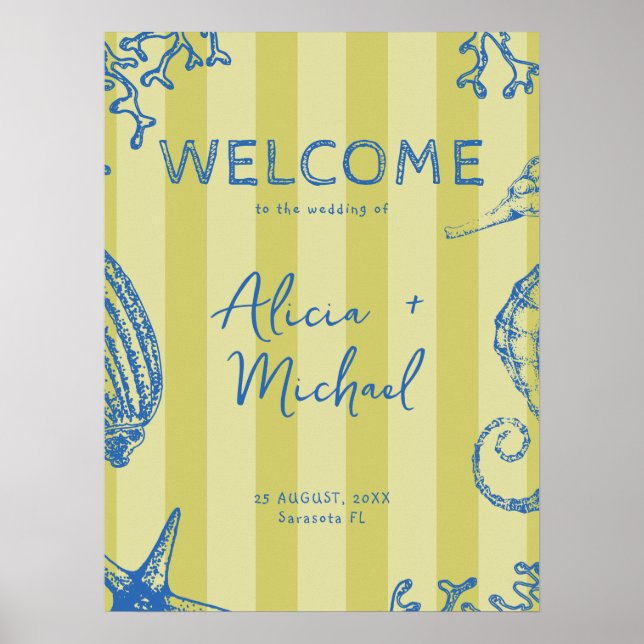 Retro modern beach striped wedding welcome sign poster (Vorne)