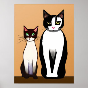Retro Modern Black and White Cat and Kitten Poster