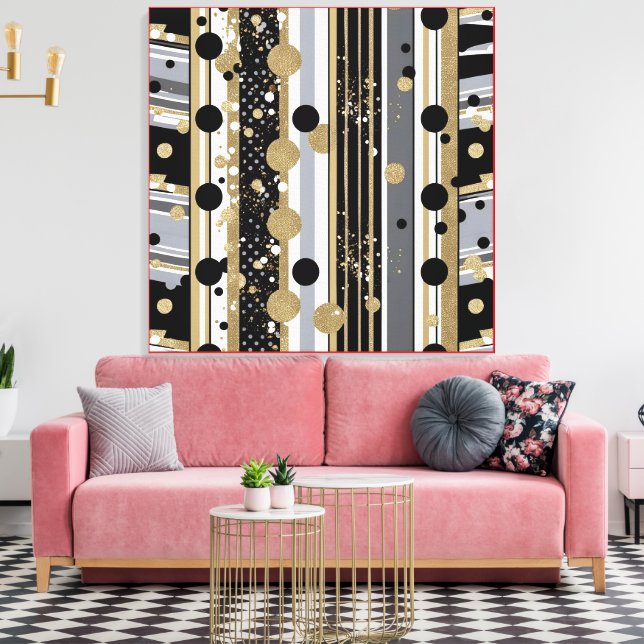 Retro-modern, Black, Grey and Gold Polka Dots Leinwanddruck (Insitu (Wohnzimmer))