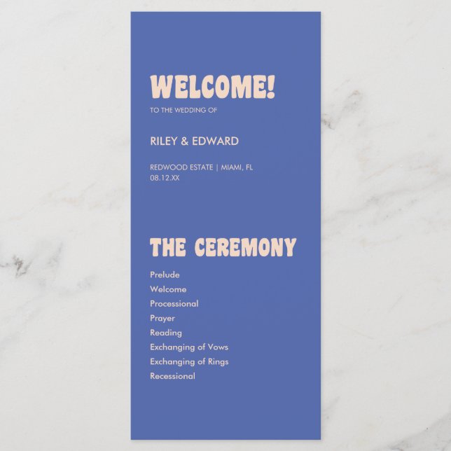 Retro Modern Blue & Beige Wedding Ceremony Programm (Vorderseite)