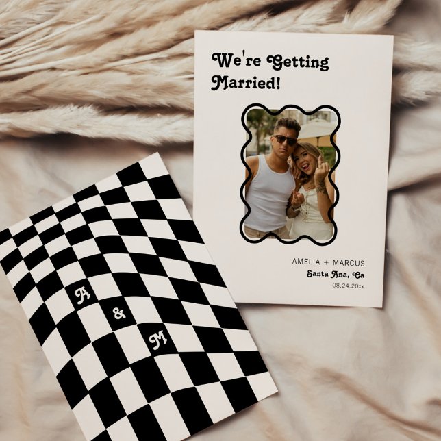 Retro Modern Chic Black Schachbrett Save the Date Einladung (Von Creator hochgeladen)