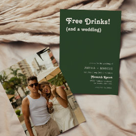 Retro Modern Chic Free Drinks Dunkelgrüne Hochzeit Einladung