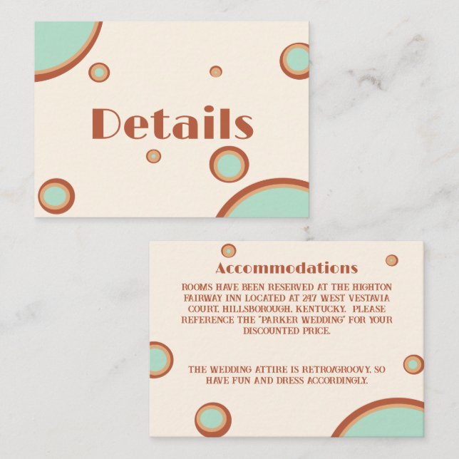 Retro Modern Circle Aqua 70er Hochzeitsdetails Begleitkarte (Vorne/Hinten)