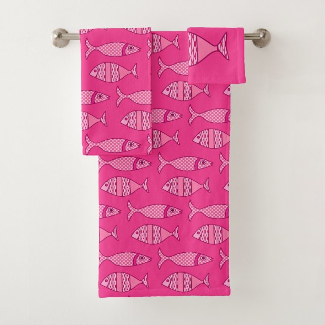 Retro Modern Fisch, Fuchsia und Light Pink Badhandtuch Set (Insitu)