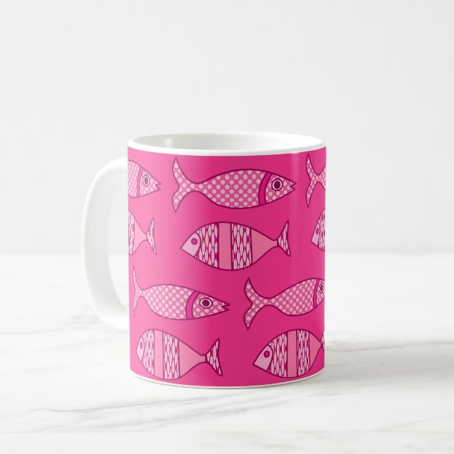 Retro Modern Fisch, Fuchsia und Light Pink Kaffeetasse (Vorderseite Links)