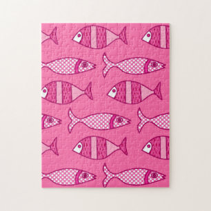 Retro Modern Fisch, Fuchsia und Light Pink Puzzle