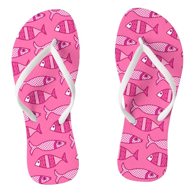 Retro Modern Fish, Fuchsia, Light Pink, Deep Pink Flip Flops (Fußbett)