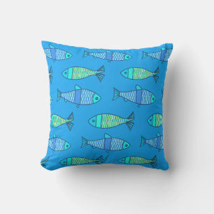 Retro Modern Fish Print, Türkis und Blau Kissen