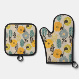 Retro Modern Floral on Gray Ofenhandschuh & Topflappen-Set